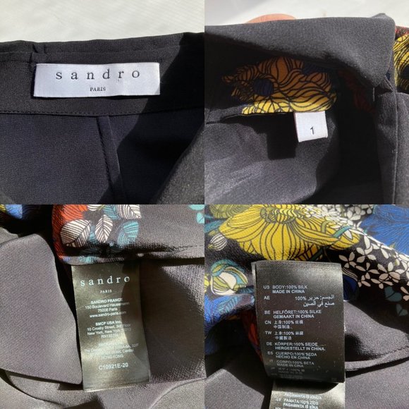 SANDRO Black Floral Print Silk Crepe Button Up Collared Shirt Blouse - Picture 15 of 16